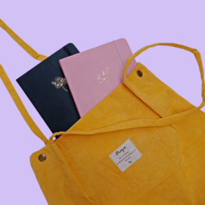 Yellow suede tote bag + pink and black journals